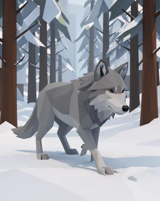Low poly 3D gray wolf walks through a snowy evergreen forest
