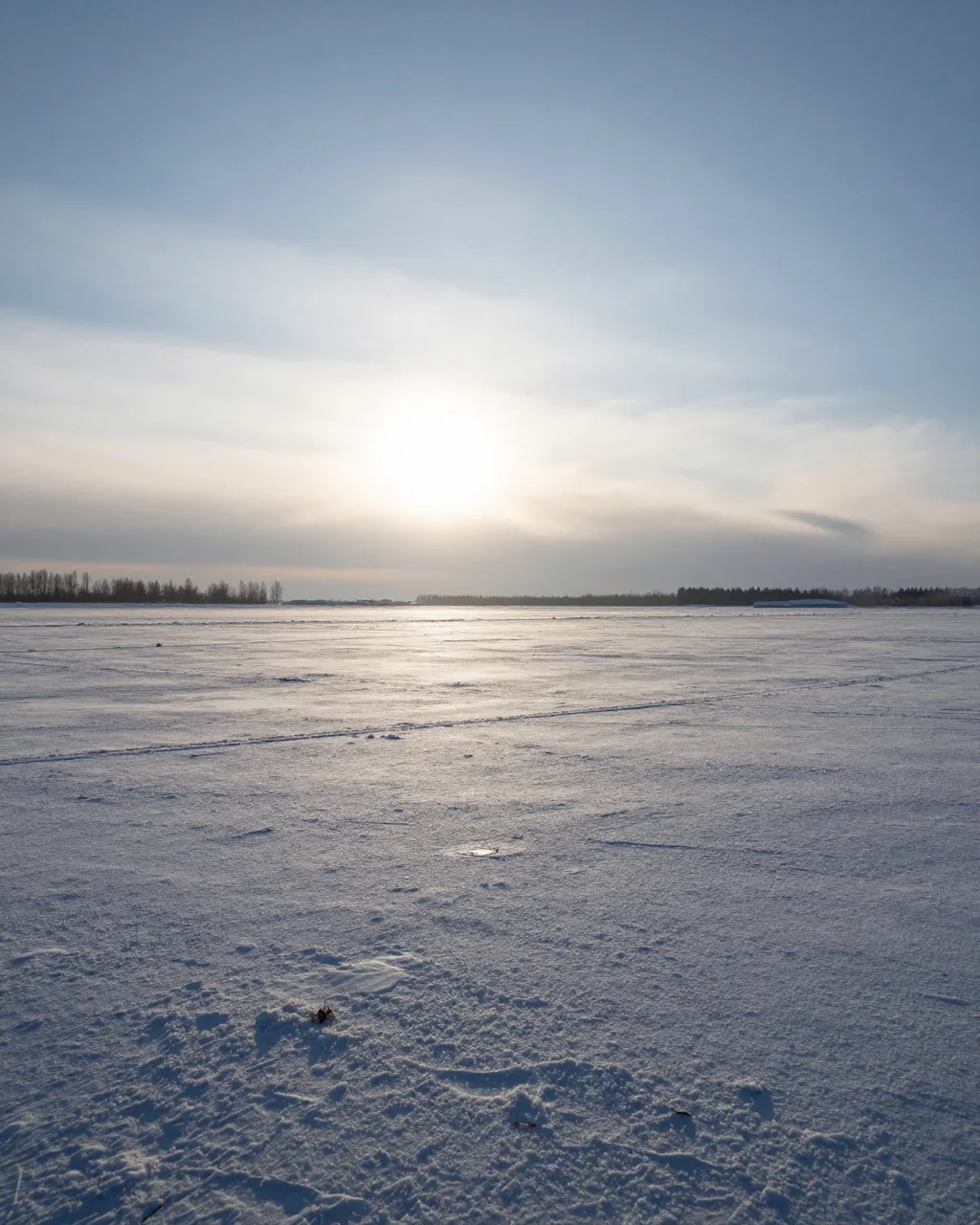Pale low winter sun hangs over a vast snow-covered frozen plain under a soft blue sky