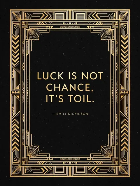 Art deco gold geometric frame on black background displaying the quote "Luck is not chance, it's toil. — Emily Dickinson"