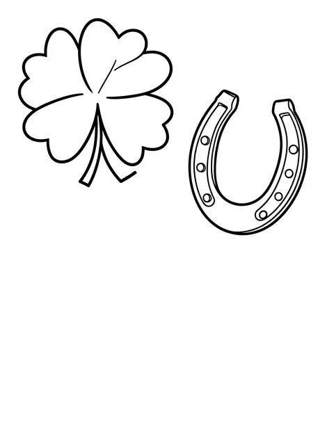 Black and white bold line art of a four-leaf clover and horseshoe on a plain white background