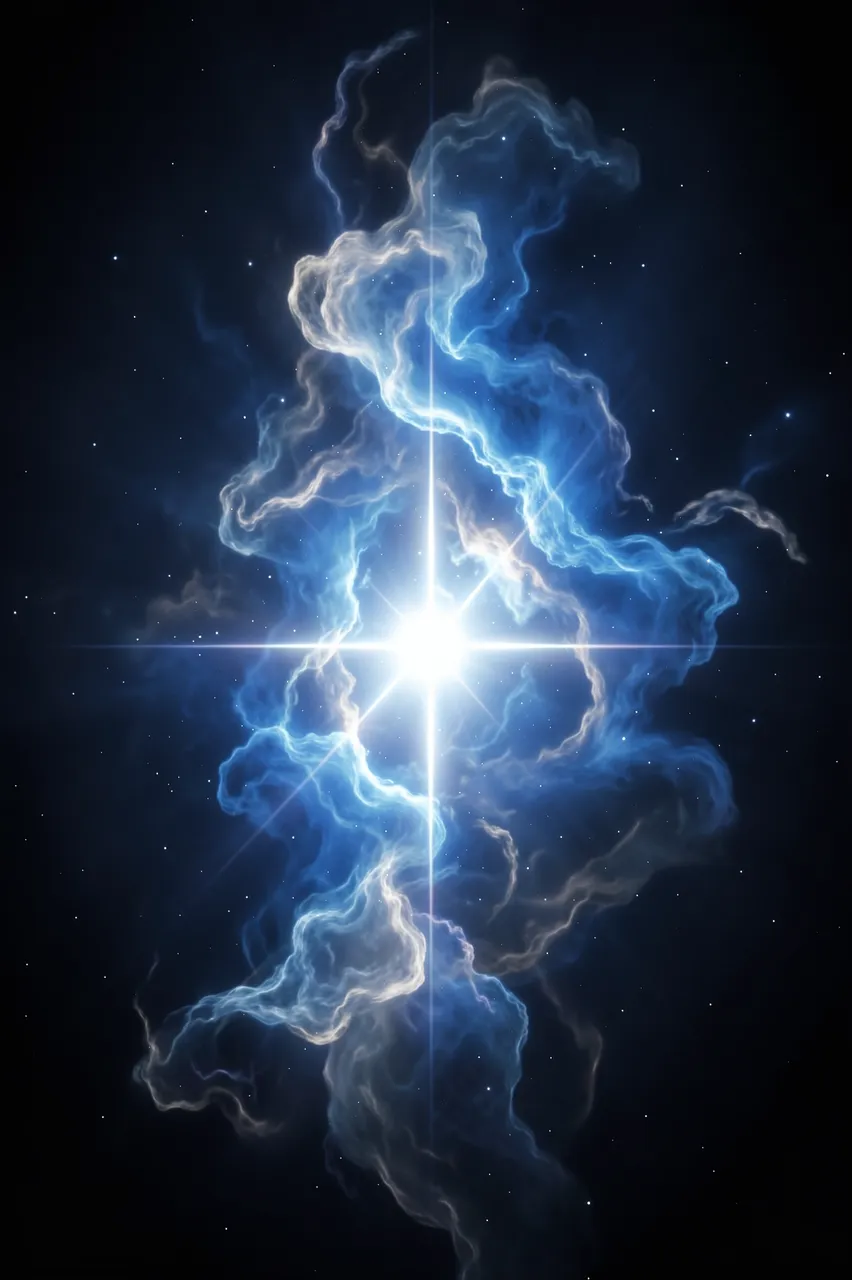A bright central star illuminates swirling blue and white nebula gas against a dark starry space background