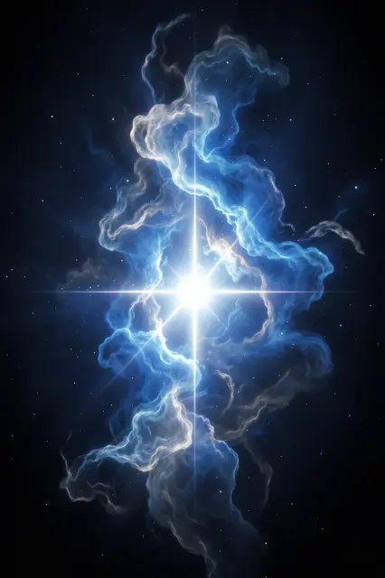 A bright central star illuminates swirling blue and white nebula gas against a dark starry space background