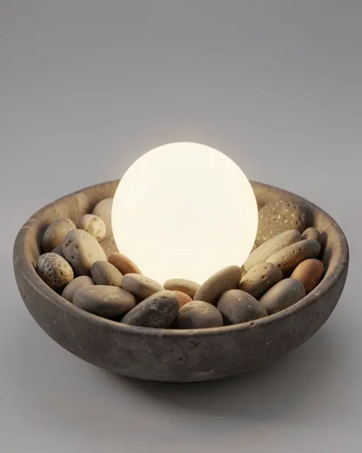 A glowing soft white orb rests centered in a bowl filled with smooth river stones.