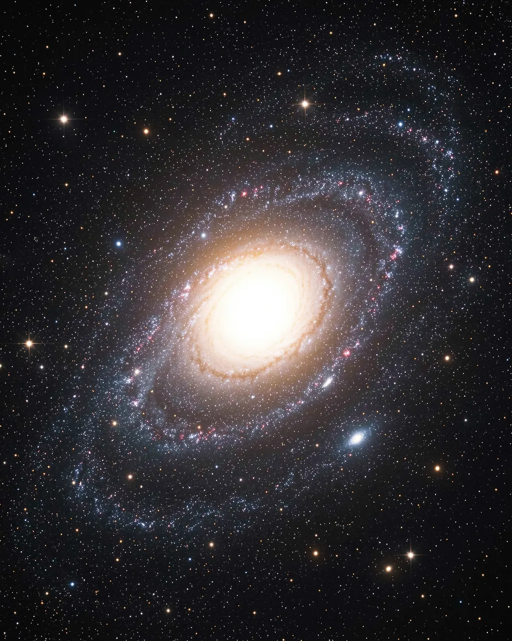 A brilliant glowing quasar sits at the bright swirling center of a spiral galaxy against a star-filled dark space background