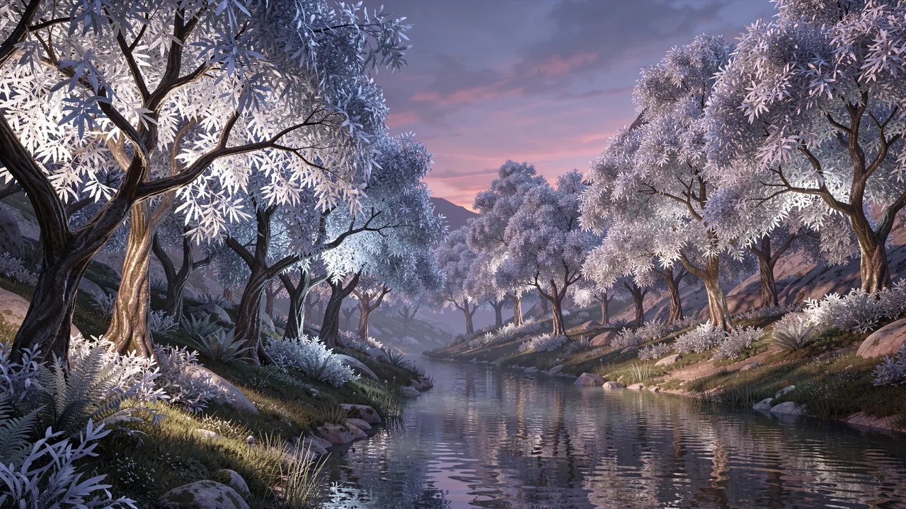 Still calm river winds through a valley lined with glowing silver-leaved trees at pastel dusk