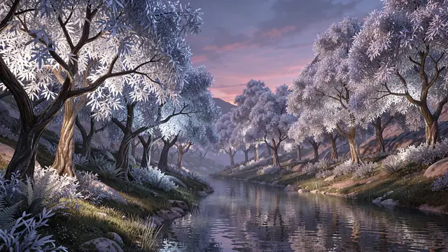 Still calm river winds through a valley lined with glowing silver-leaved trees at pastel dusk