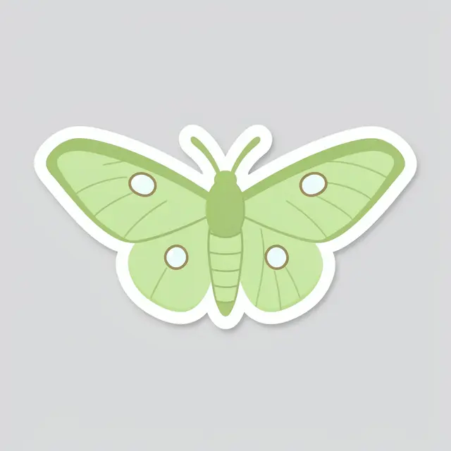 Cute flat illustration luna moth sticker with a white border on a plain light gray background