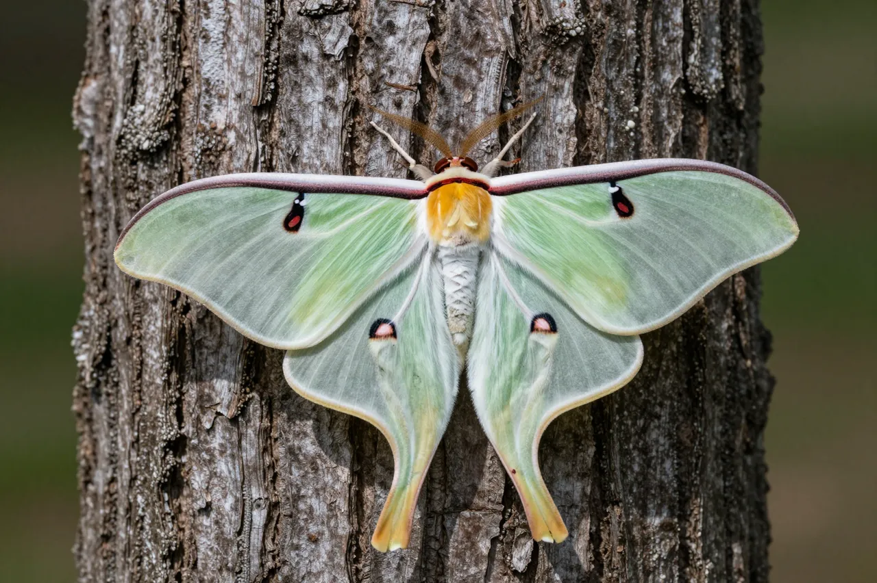 A pale green luna moth with spread wings rests centered on rough textured tree bark.