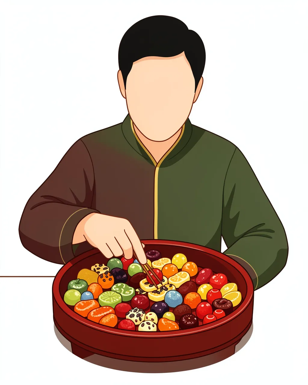 Faceless adult uses chopsticks to arrange candied fruits in a red round Lunar New Year tray