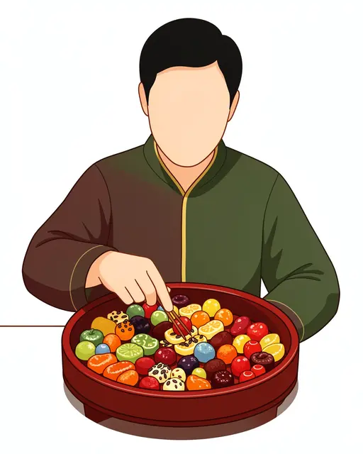Faceless adult uses chopsticks to arrange candied fruits in a red round Lunar New Year tray