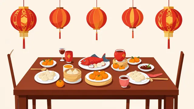 Flat vector illustration of a festive Lunar New Year dinner table laden with food under hanging red lanterns
