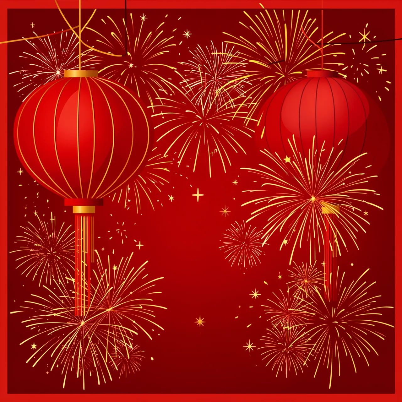 Two red hanging lanterns frame a deep red background filled with bright golden fireworks for Lunar New Year