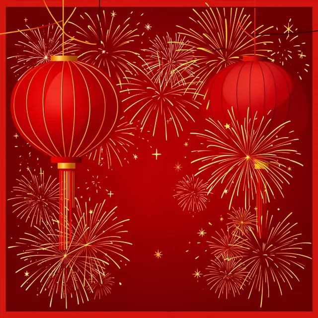 Two red hanging lanterns frame a deep red background filled with bright golden fireworks for Lunar New Year