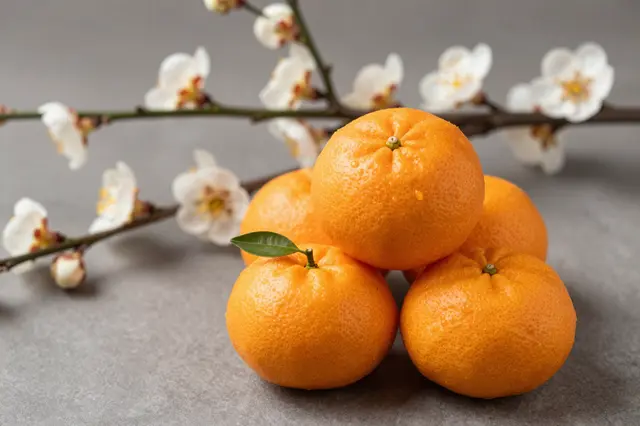 Fresh mandarin oranges arranged in a stack with plum blossom branches on a gray surface