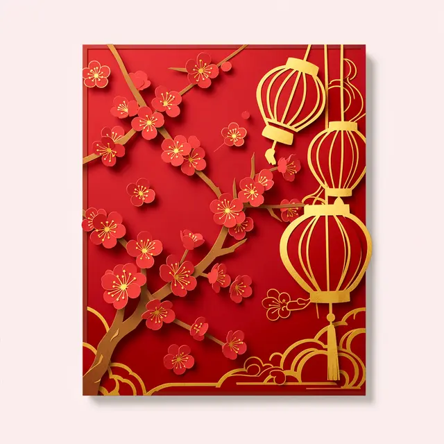 Layered paper cut illustration of plum blossoms, red and gold lanterns on a red decorative panel