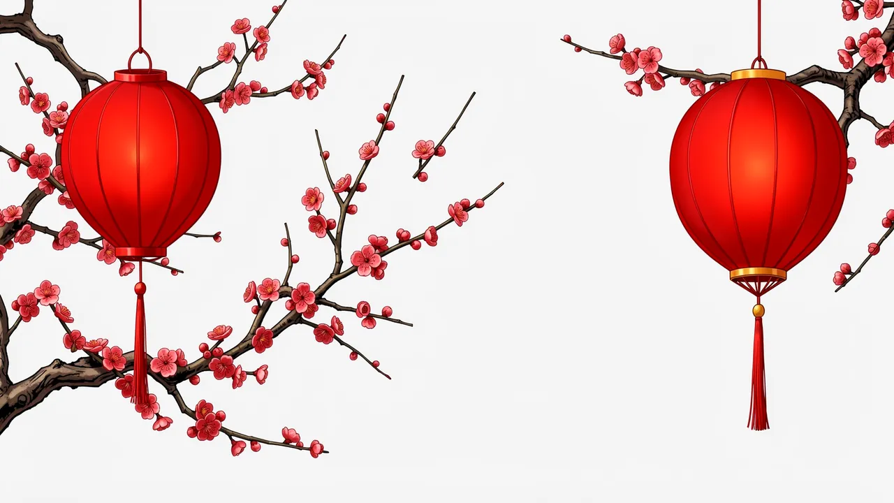 Illustration of red plain lanterns hanging from pink plum blossom branches against a plain light background