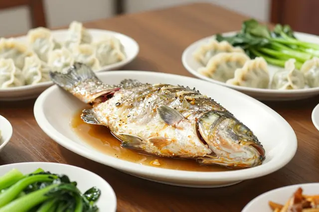 Steamed whole fish, dumplings, and cooked greens arranged on a wooden dining table for a festive meal