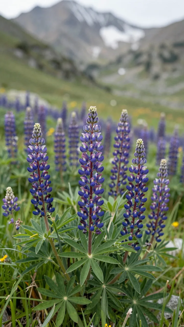Purple and blue lupine blooms grow in a grassy alpine meadow with snow-dusted peaks in the soft blurred background.
