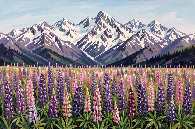 Gouache painting of a dense purple and pink lupine meadow stretching toward a snow-capped mountain range