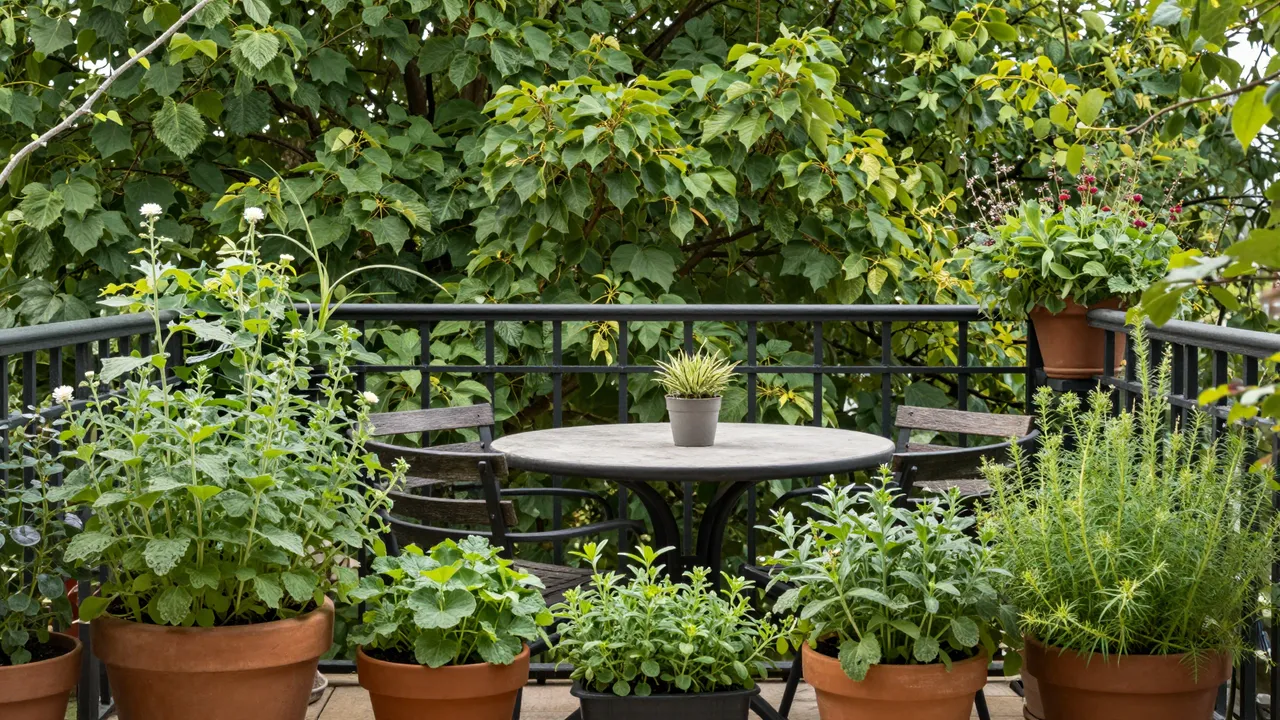 A balcony bistro table surrounded by potted herbs and greenery overlooking leafy treetops