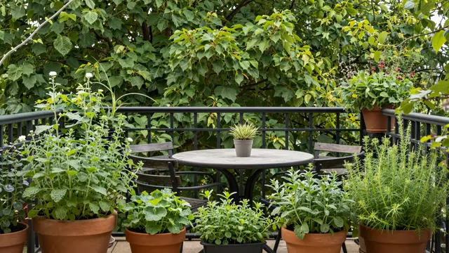 A balcony bistro table surrounded by potted herbs and greenery overlooking leafy treetops