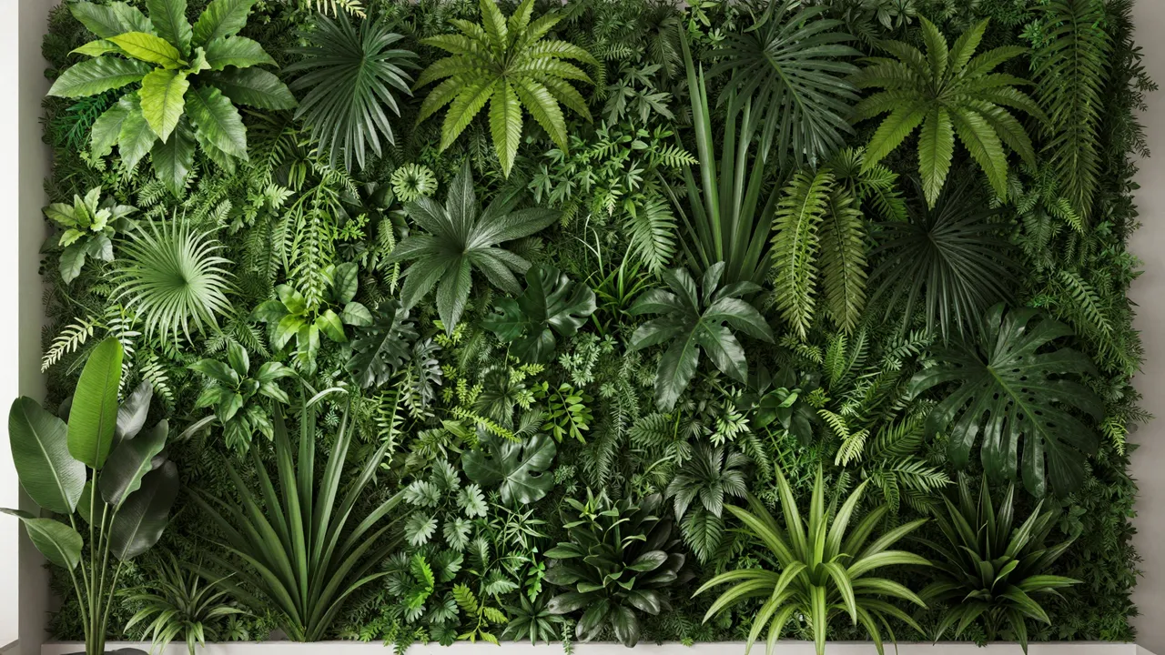 Dense vertical garden wall filled with a variety of tropical foliage and fern plants