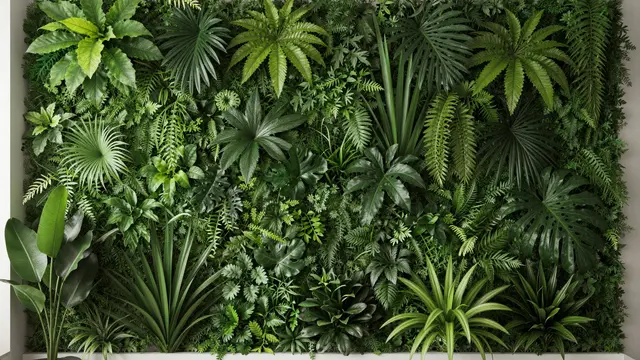 Dense vertical garden wall filled with a variety of tropical foliage and fern plants