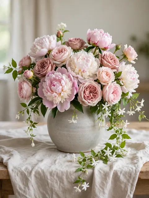 A flower arrangement of peonies, garden roses and jasmine sits in a ceramic vase on a linen tablecloth.