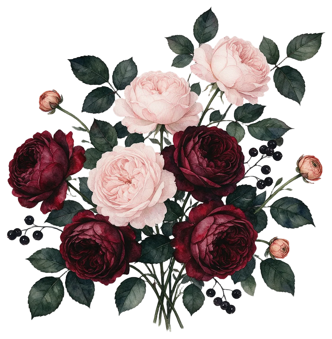 Moody watercolor bouquet of burgundy and blush roses, ranunculus buds, dark leaves and berries