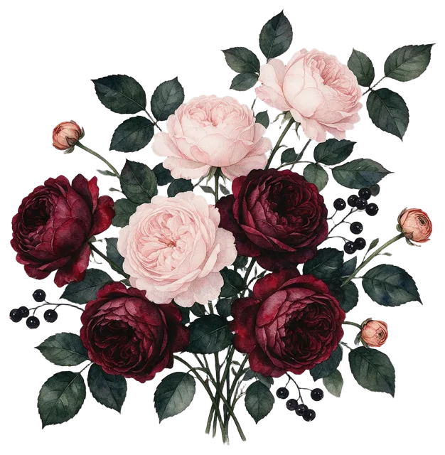 Moody watercolor bouquet of burgundy and blush roses, ranunculus buds, dark leaves and berries
