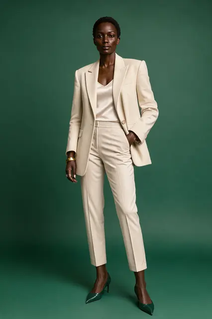 Elegant woman in a cream tailored suit stands against a solid emerald green studio background