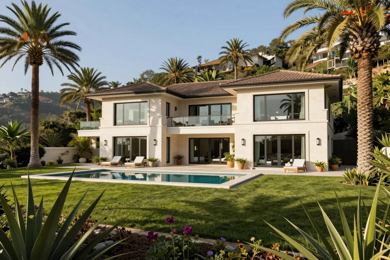 Modern two-story luxury hillside home surrounded by palm trees with a swimming pool under warm afternoon sun