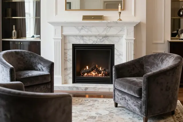 Elegant living room with a lit marble fireplace flanked by dark velvet armchairs.