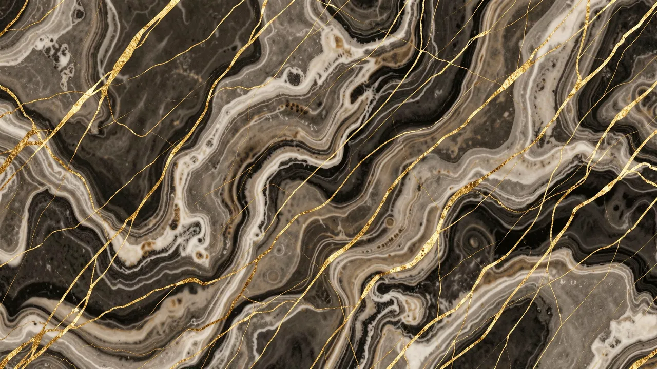 Swirling dark and light marble pattern interlaced with thin shiny gold veins