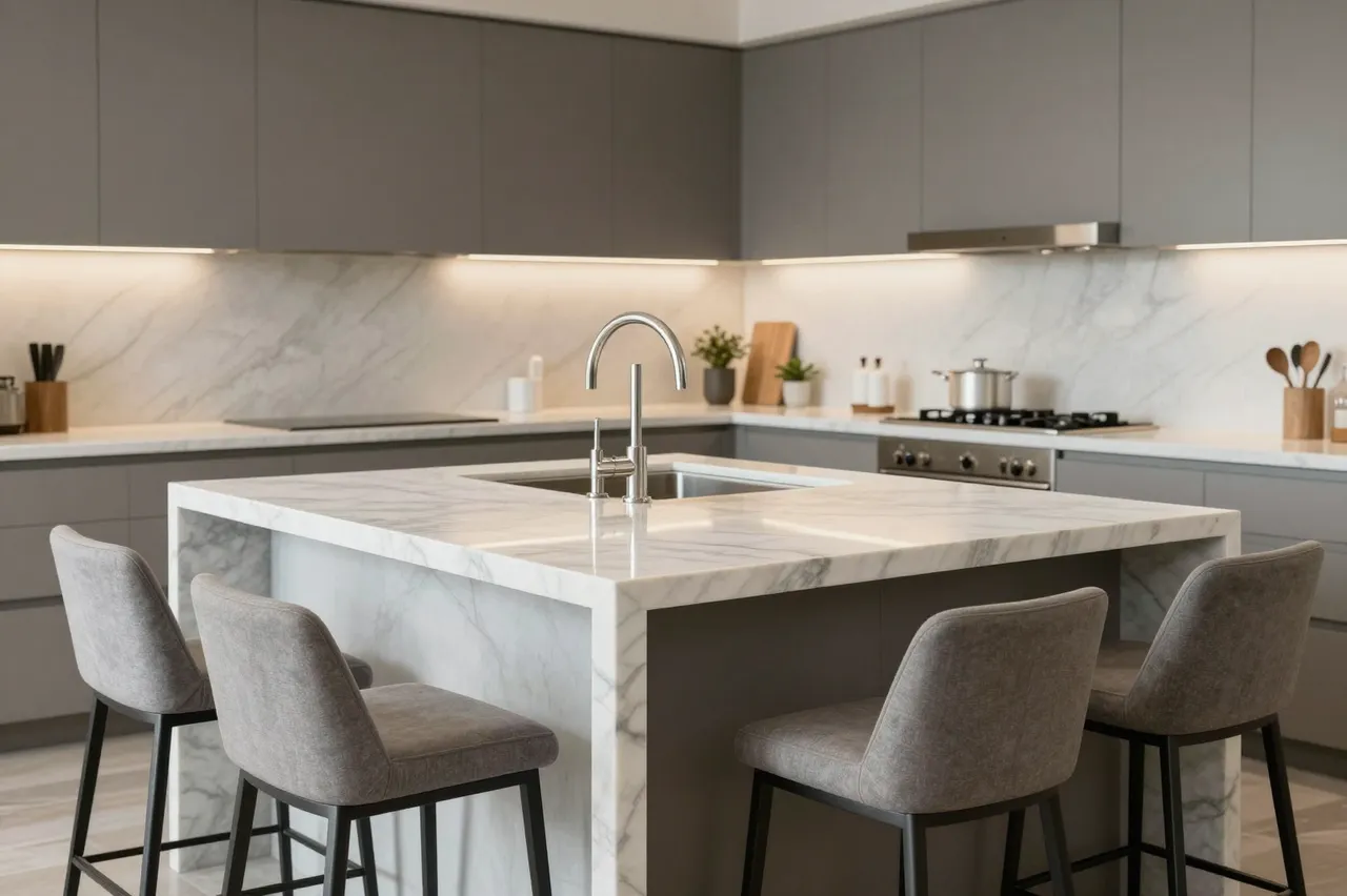 A modern luxury kitchen features a waterfall marble island lined with gray upholstered bar stools and under-cabinet lighting.