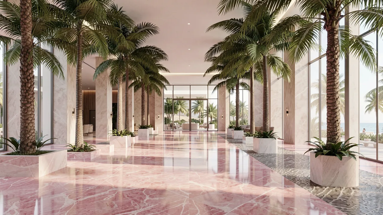 Empty sunlit resort lobby with tall palm trees and polished pink marble floors