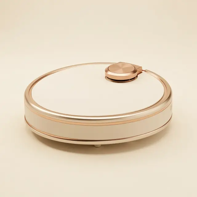 Sleek matte ivory robot vacuum with rose gold trim sits on a seamless warm off-white studio background