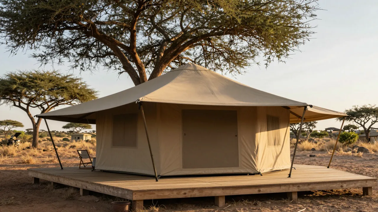 A canvas glamping safari tent sits on a wooden deck under an acacia tree at golden sunset