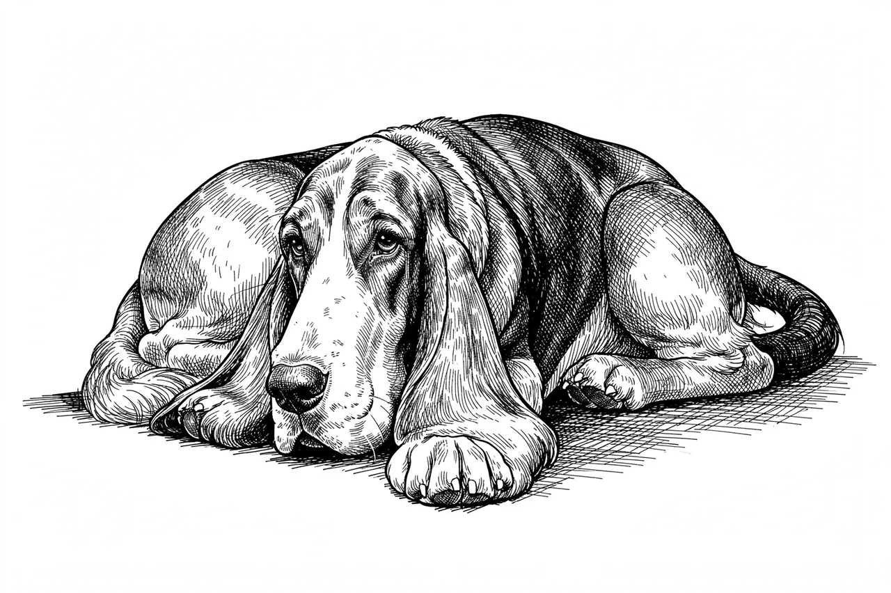 Pen and ink cross-hatch drawing of a relaxed lying basset hound on plain white paper