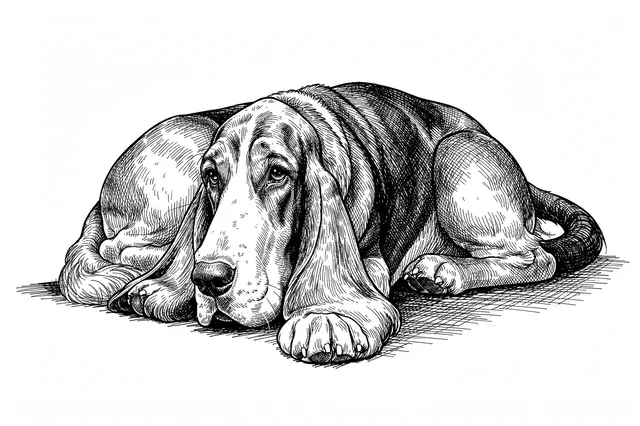 Pen and ink cross-hatch drawing of a relaxed lying basset hound on plain white paper