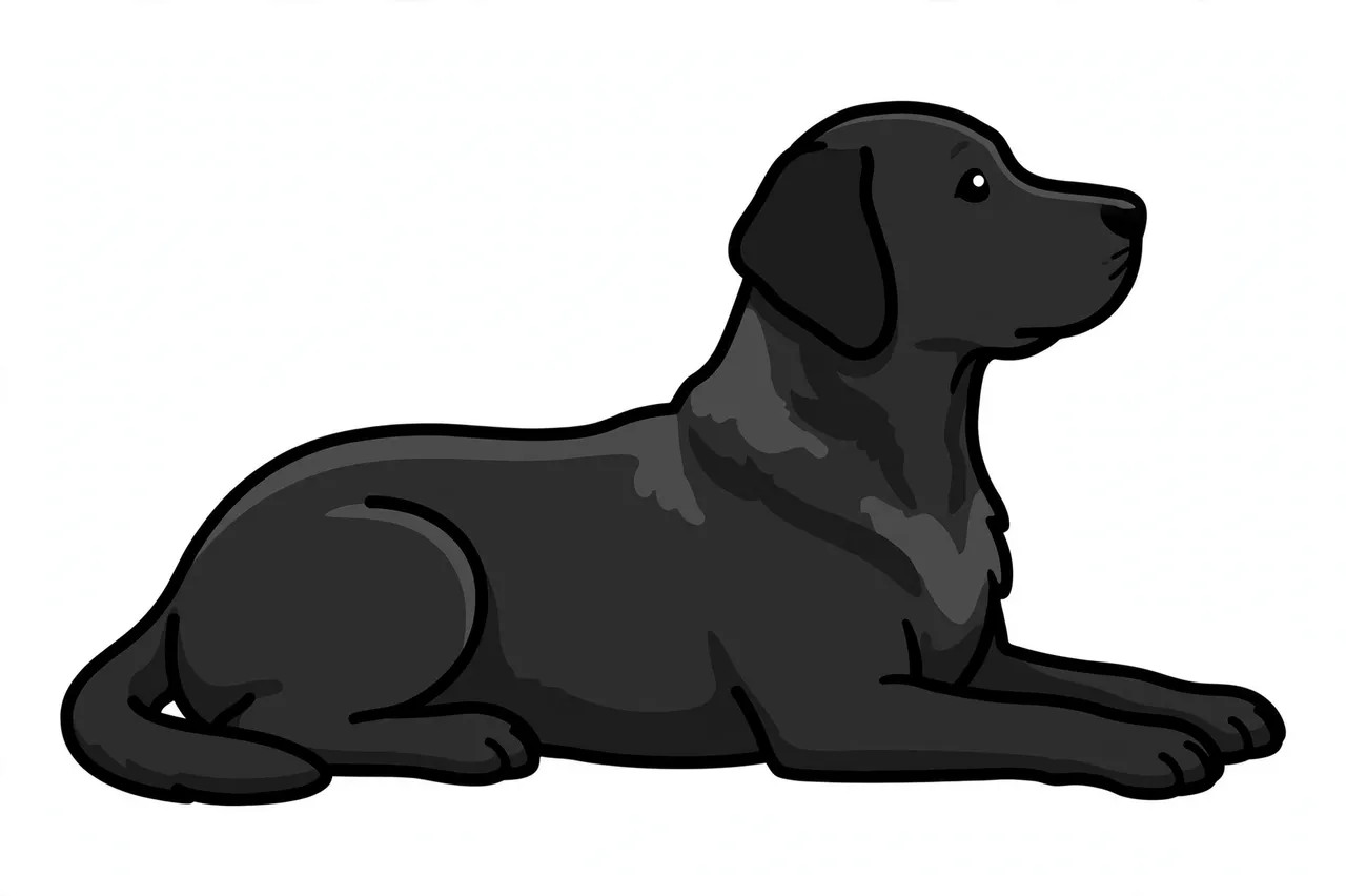 Flat side view clipart of a black labrador lying down with its head raised on a light background