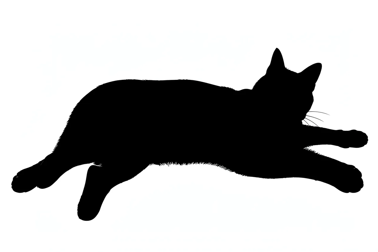 Solid black silhouette of a cat lying stretched out on a plain white background