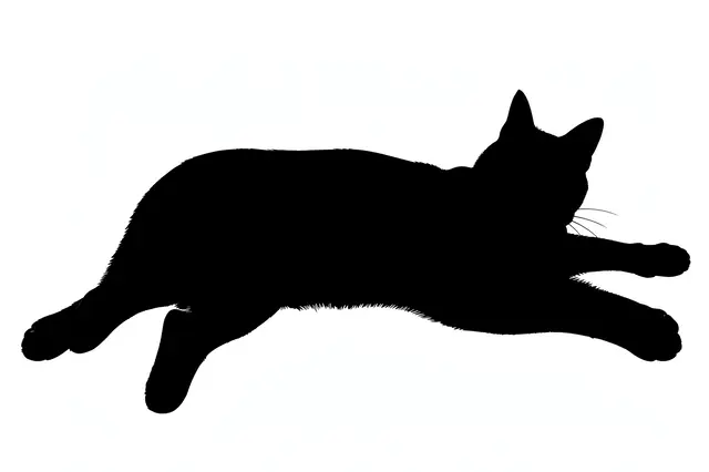 Solid black silhouette of a cat lying stretched out on a plain white background