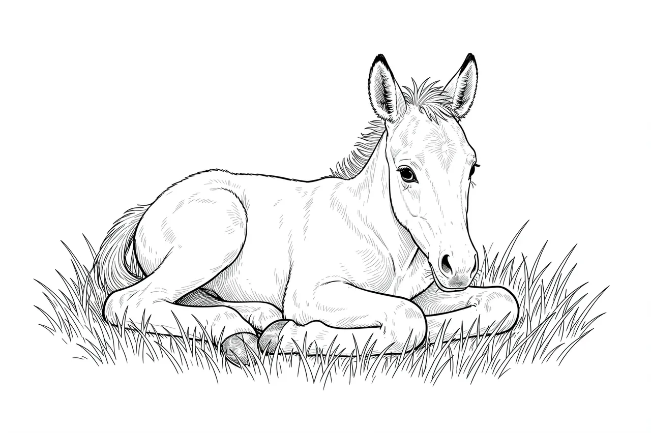 A delicate fine line drawing of a young foal resting reclined in tall grass against a plain white background