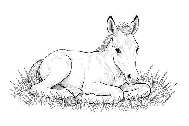 A delicate fine line drawing of a young foal resting reclined in tall grass against a plain white background