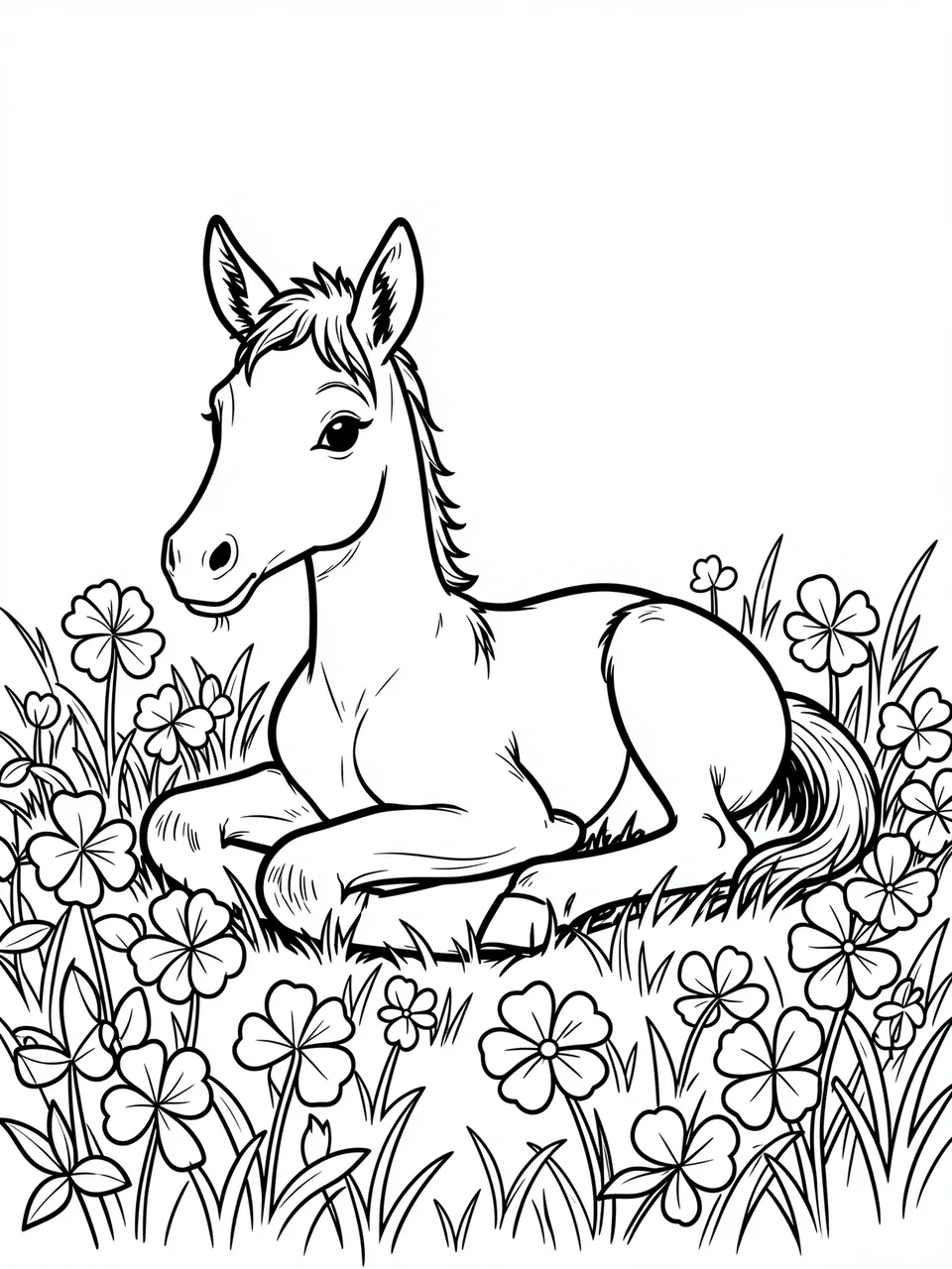 Bold black and white line art of a foal resting in a field of clover and grass on a plain white background