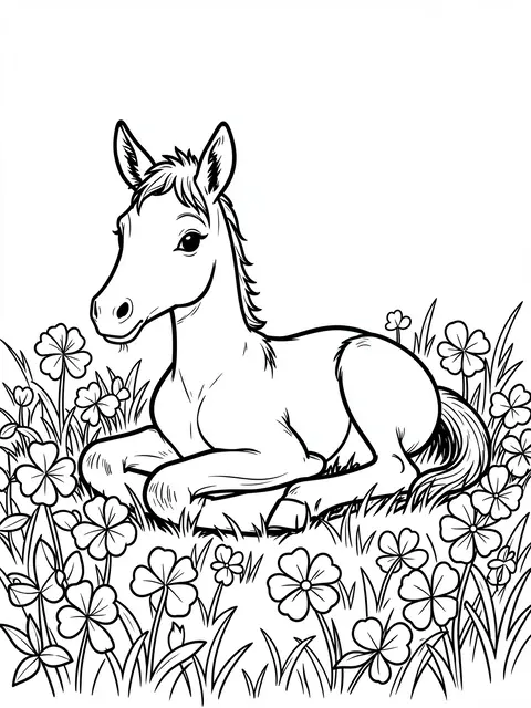 Bold black and white line art of a foal resting in a field of clover and grass on a plain white background