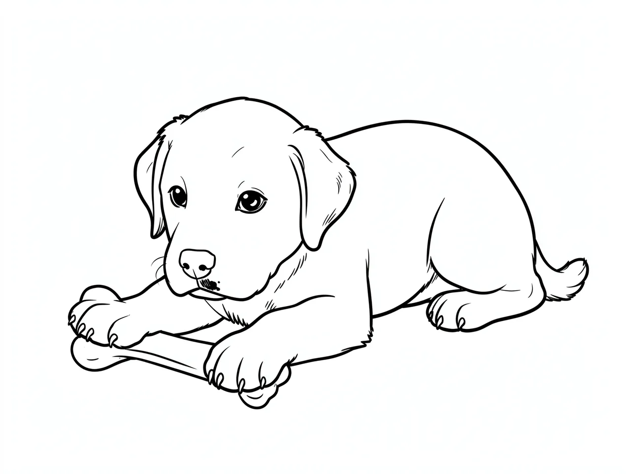 Simple black line drawing of a puppy lying on its tummy holding a dog bone on a white background