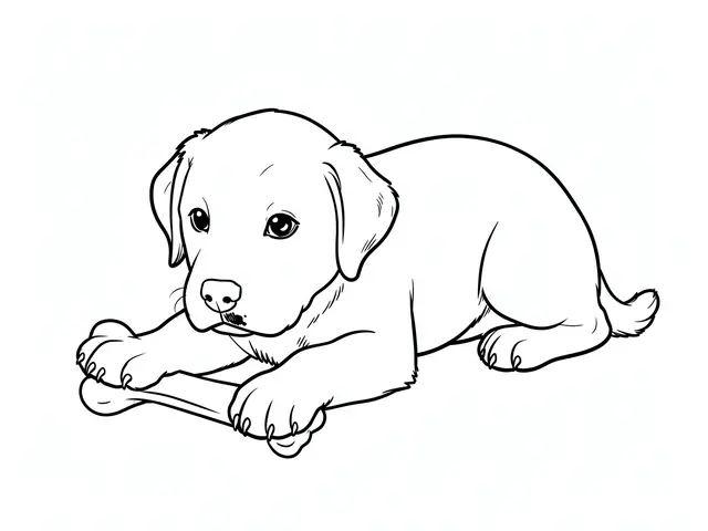 Simple black line drawing of a puppy lying on its tummy holding a dog bone on a white background