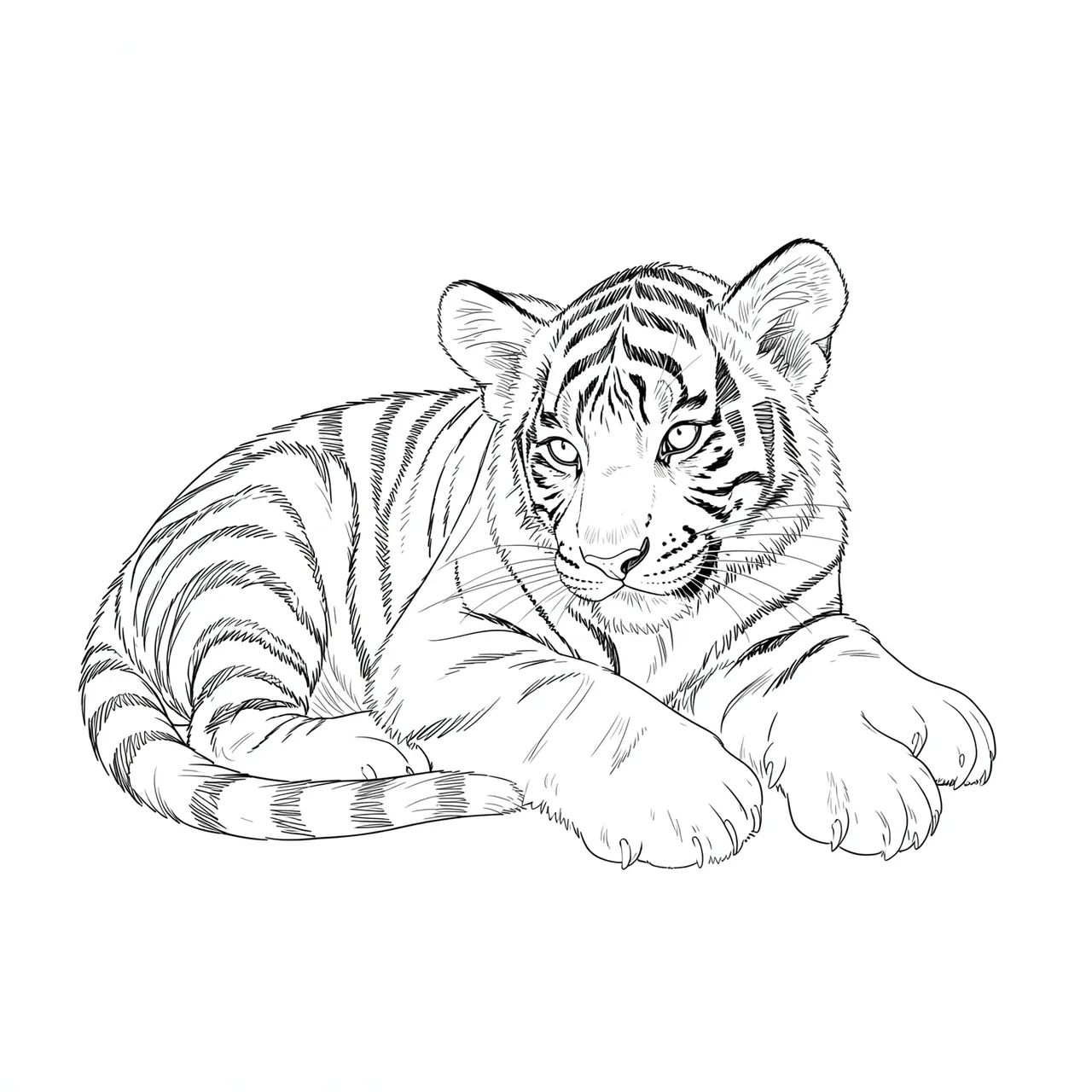 Delicate fine line drawing of a resting tiger cub on a plain white background
